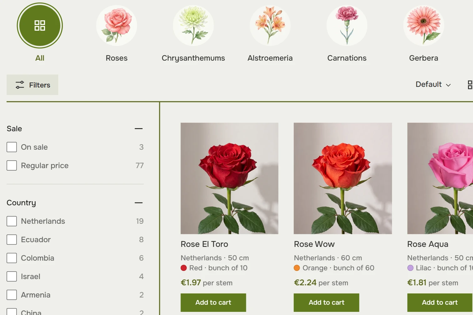 Cut flowers catalog: category circles, filters and rose cards with bunch size and price per stem