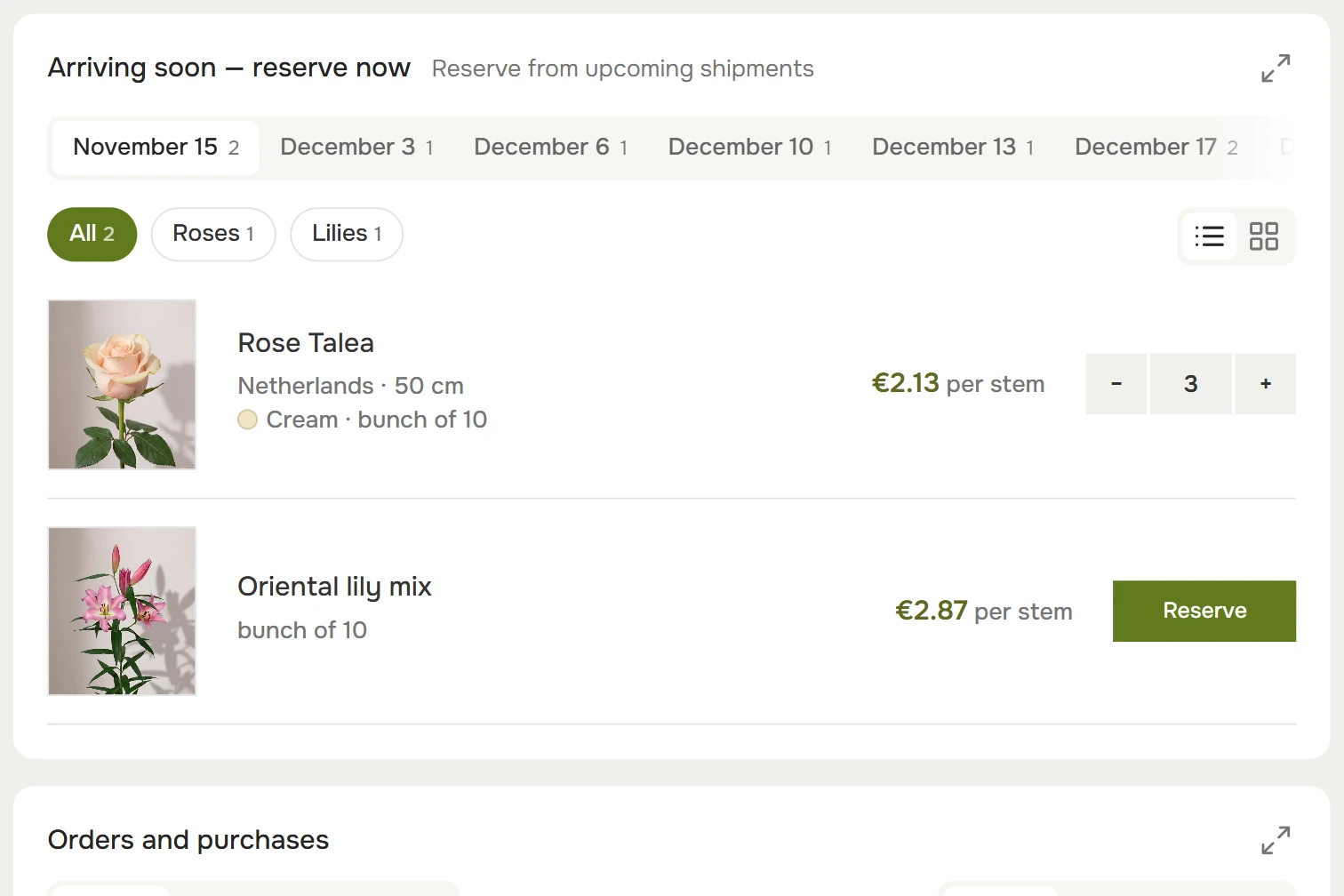 Arriving soon in the customer account: shipment dates and roses and lilies with a Reserve button