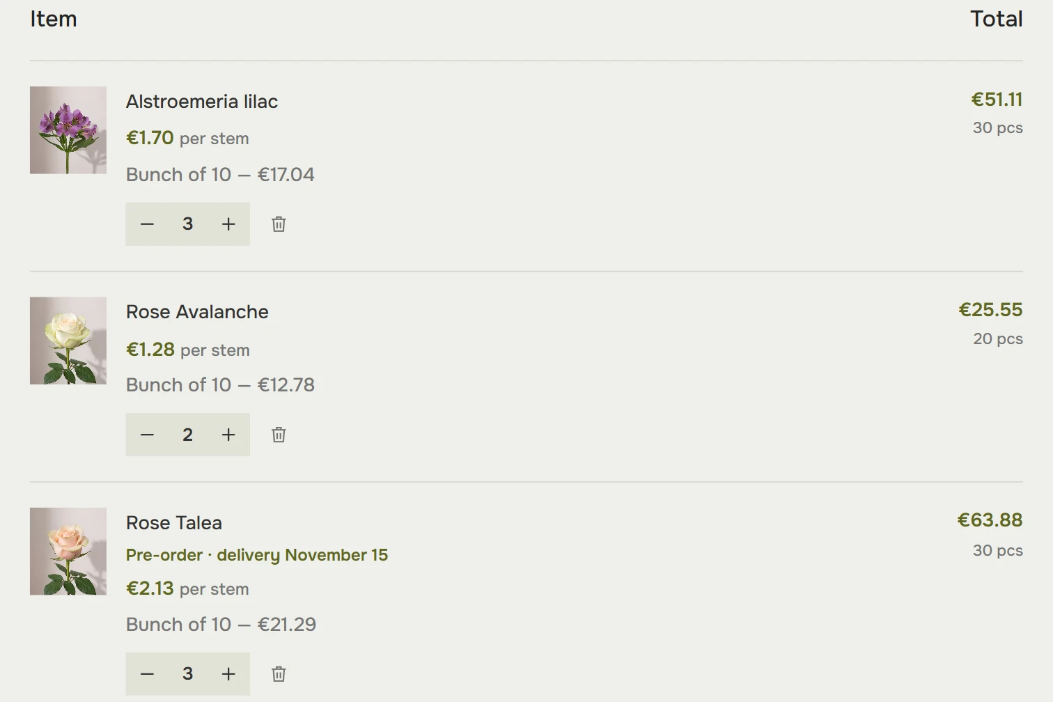 A cart split into an in-stock shipment and a pre-order for 15 November, with the order total