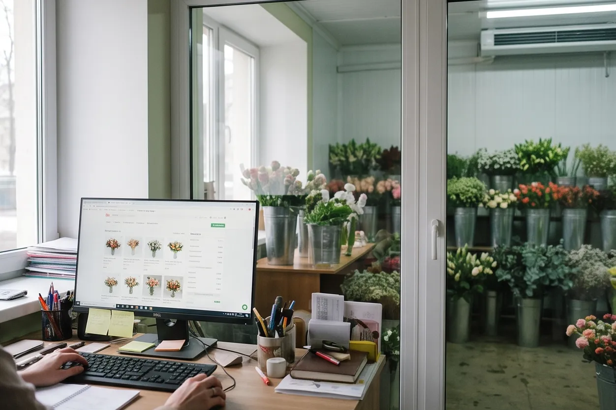 Flower wholesaler’s office: orders on a monitor and the warehouse behind glass