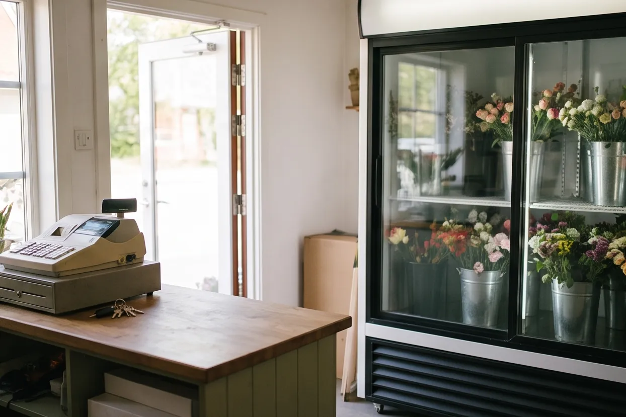 A working flower shop with keys on the counter
