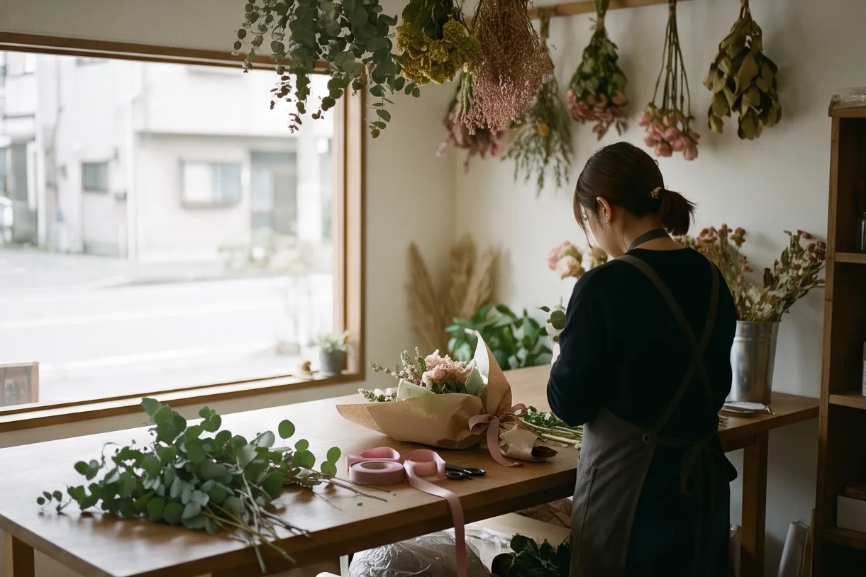 Floral design studio: a table with greenery and a bouquet in progress