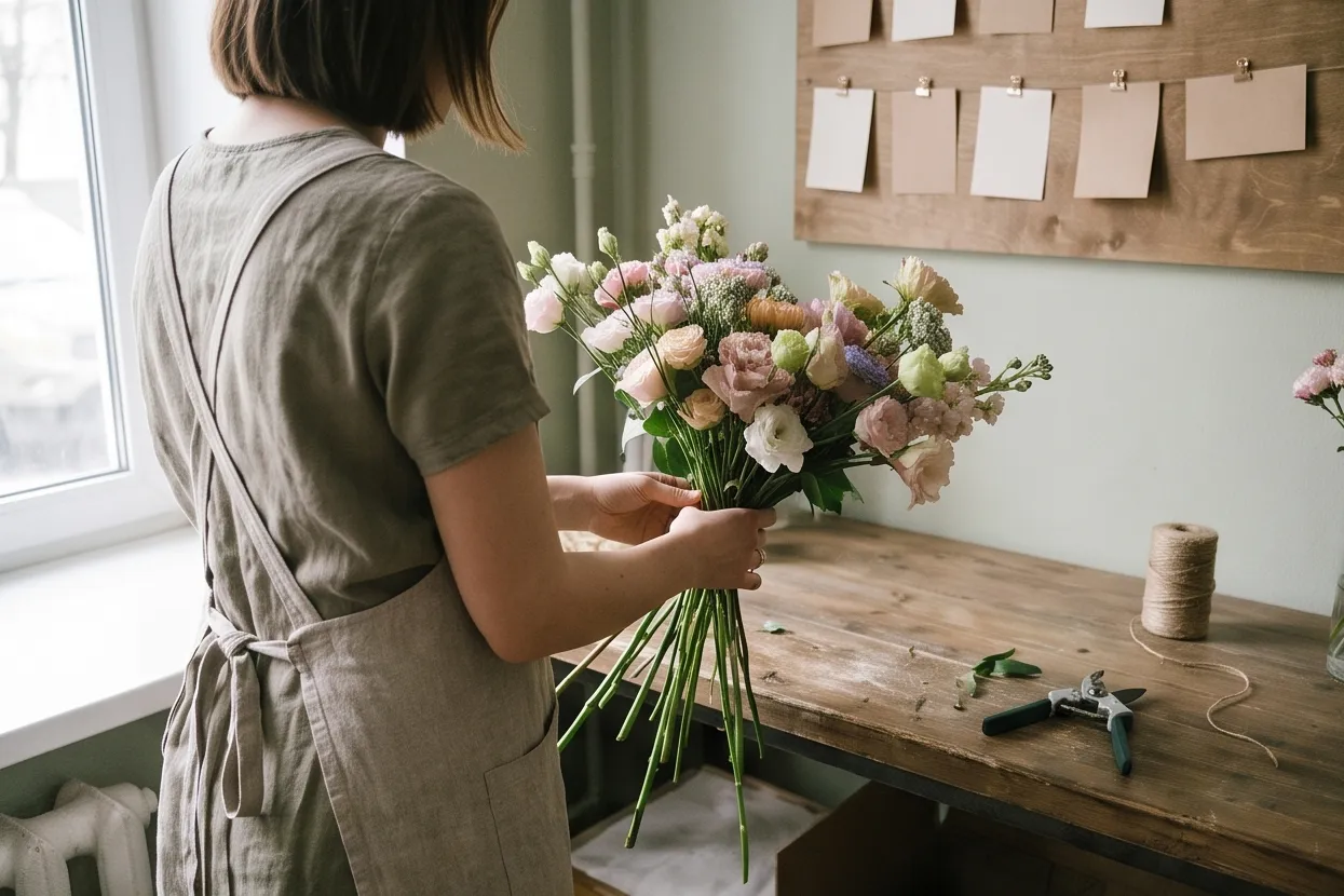 Florist at the work table making a bouquet