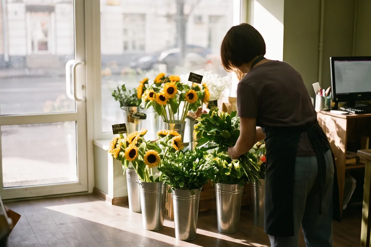 Morning at a flower shop: the owner setting out buckets by the door