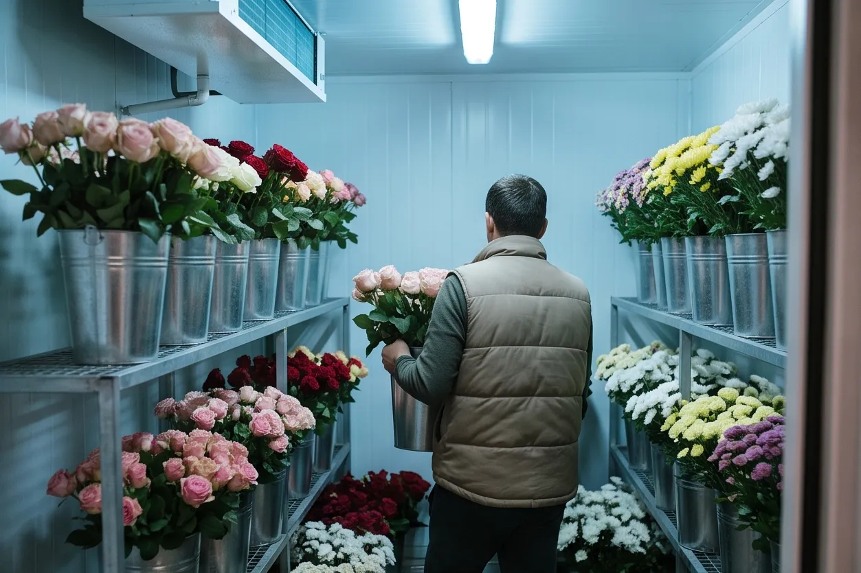 Walk-in cold room with buckets of roses and chrysanthemums