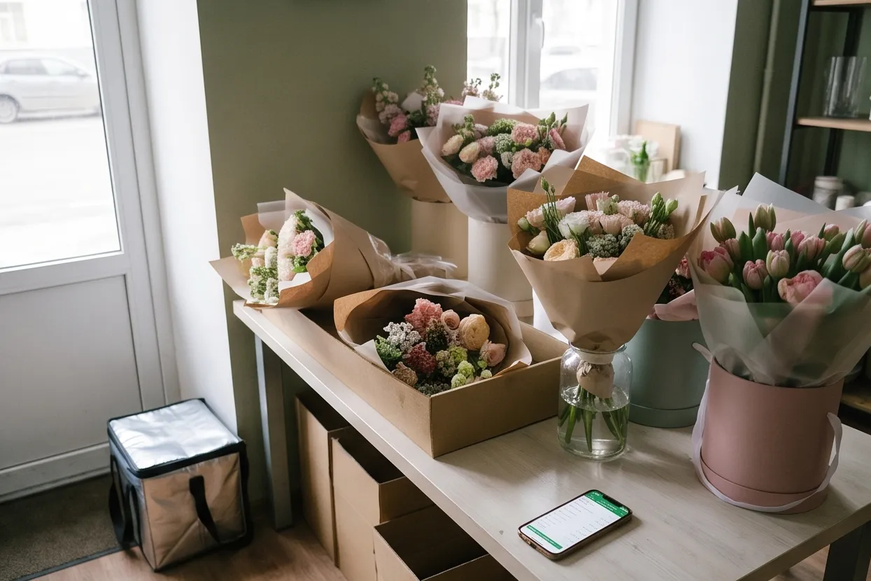 Packing bouquets into boxes for delivery