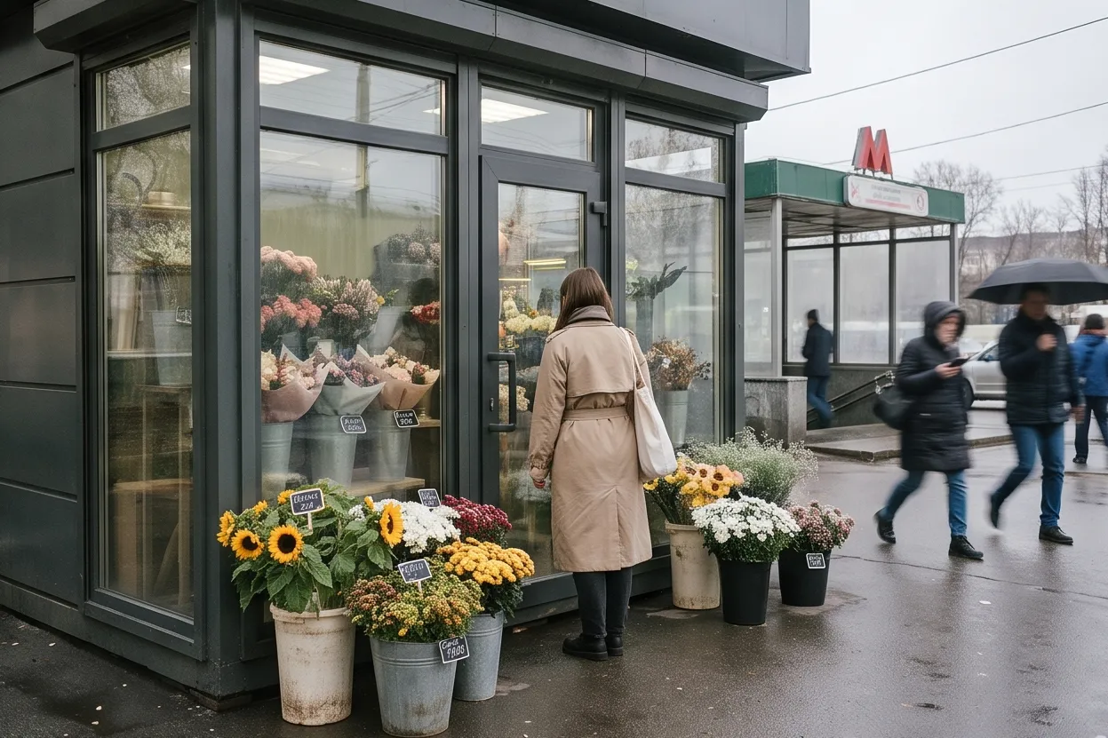 Flower kiosk by a station entrance