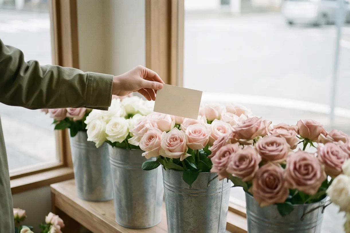 Buckets of roses with price tags in a shop display