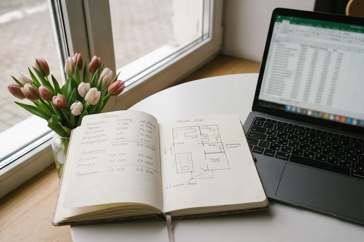 Notebook with calculations and a laptop on a desk