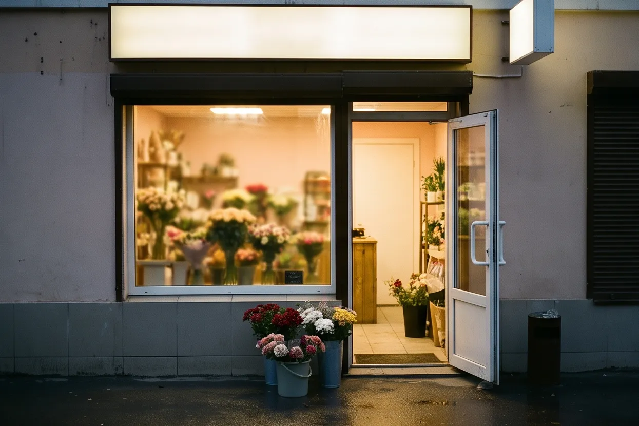 Flower shop in the evening: shop window and buckets by the entrance