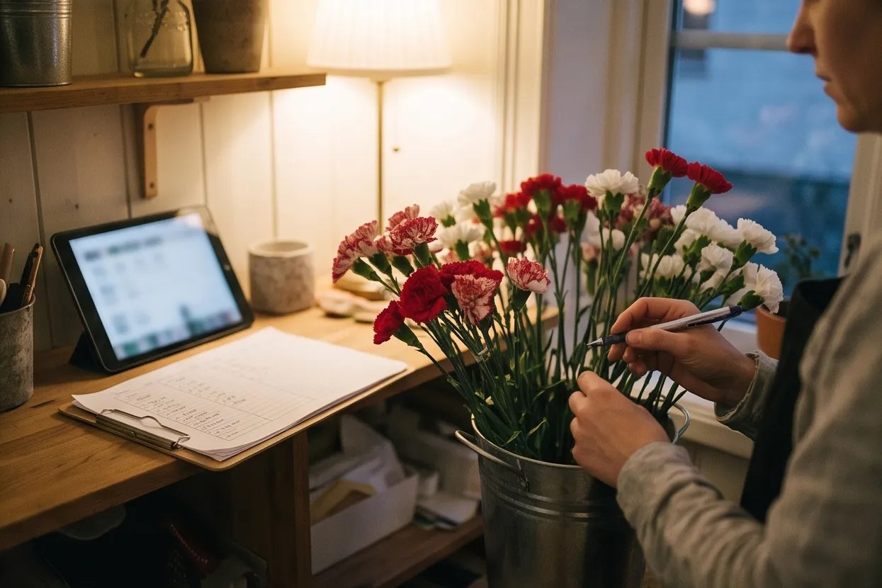 Counting stock in a flower shop back room