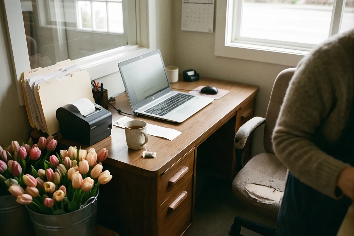 Owner’s desk in a flower shop back room: laptop and a folder of documents