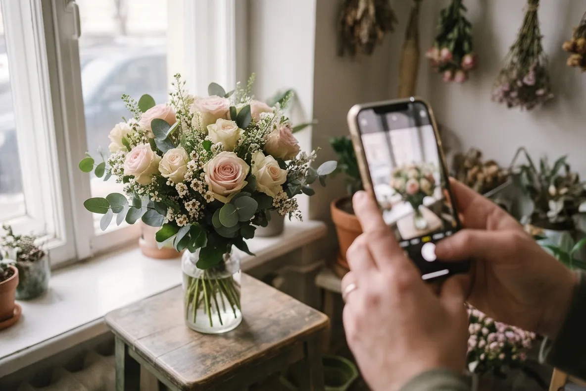 Florist photographing a bouquet for social media