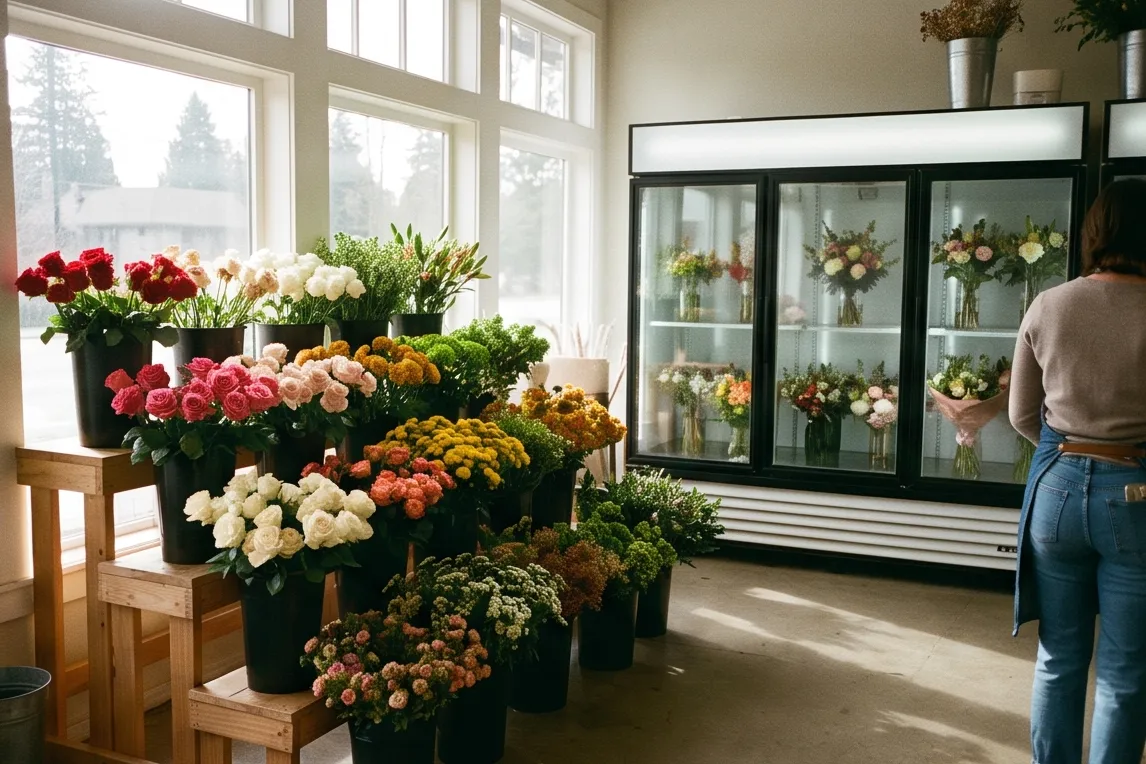 Flower shop sales floor: display fridge and tiered stands of flowers
