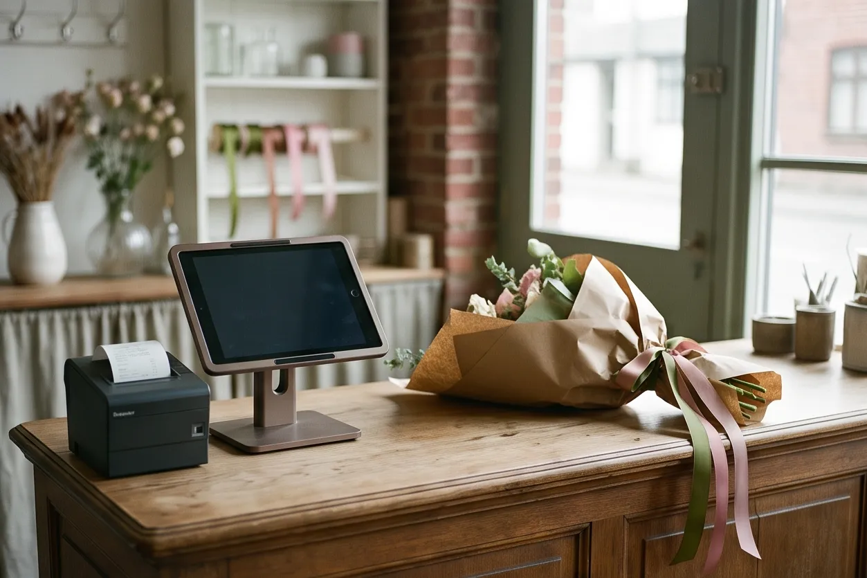 Flower shop till with a tablet and a receipt printer