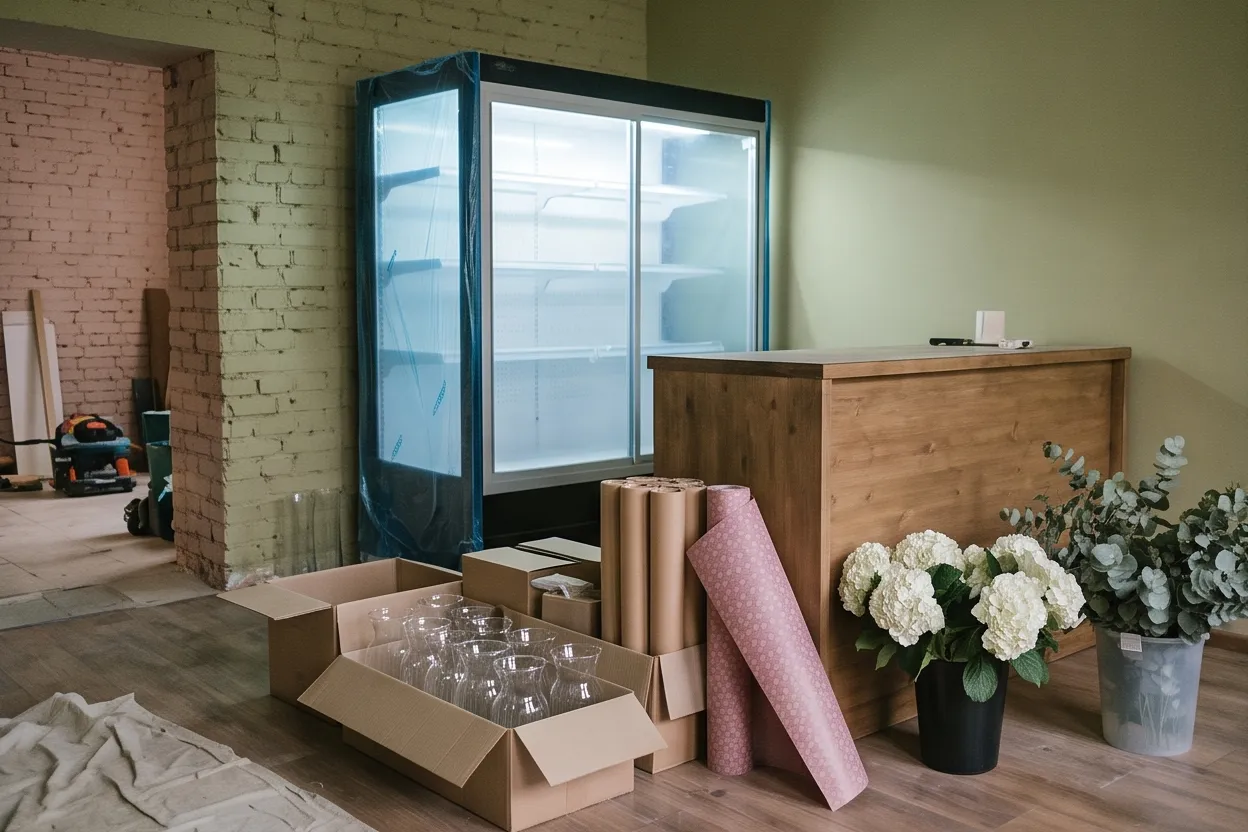Equipment for a new shop: a cooler, a counter and boxes