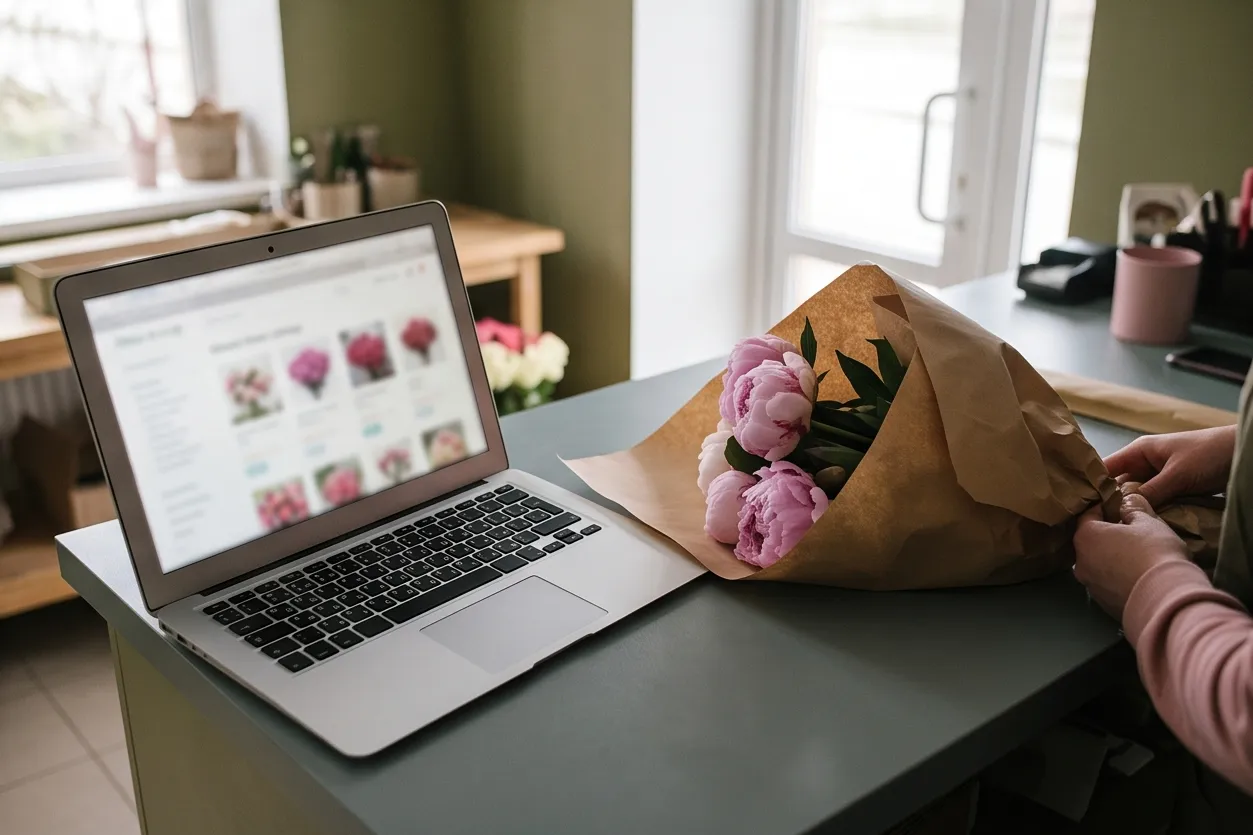 Flower shop counter with a laptop showing the catalogue and a bunch of peonies