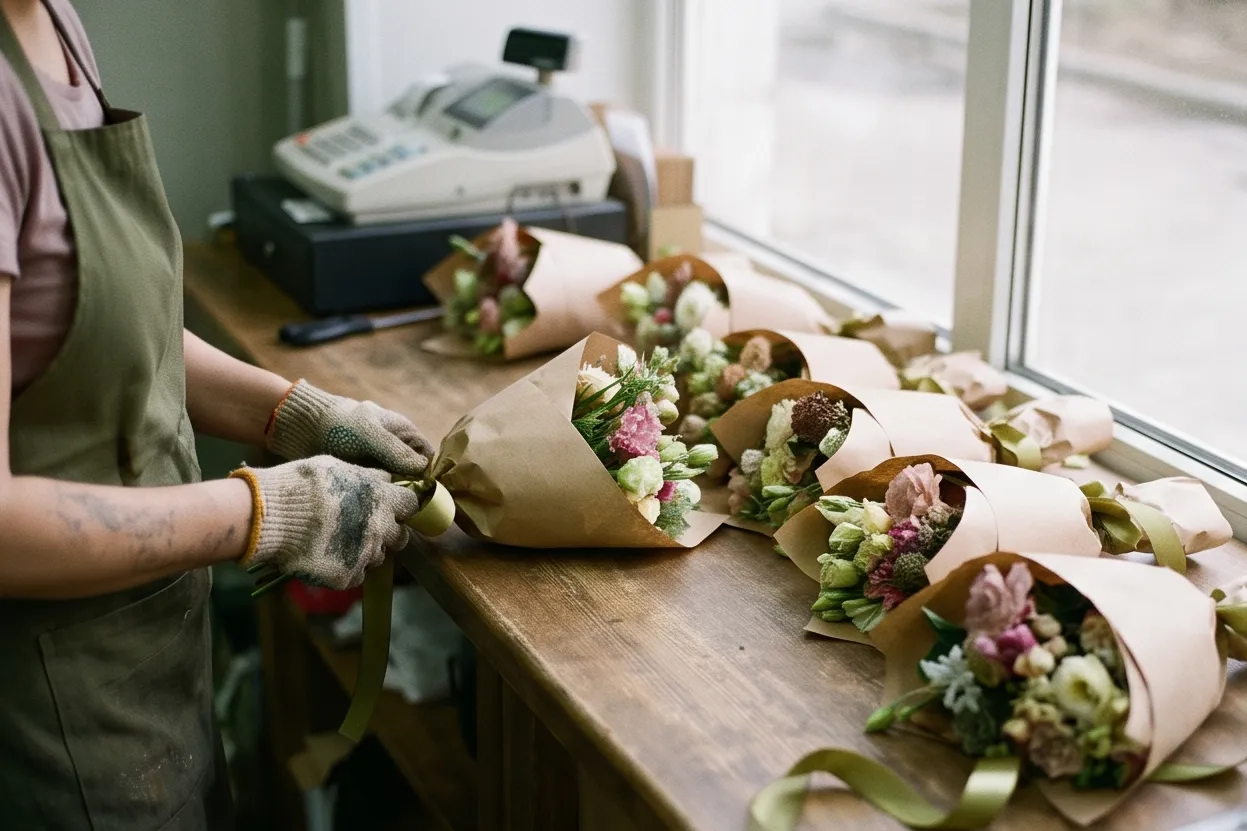 Identical subscription bouquets in a row on the counter