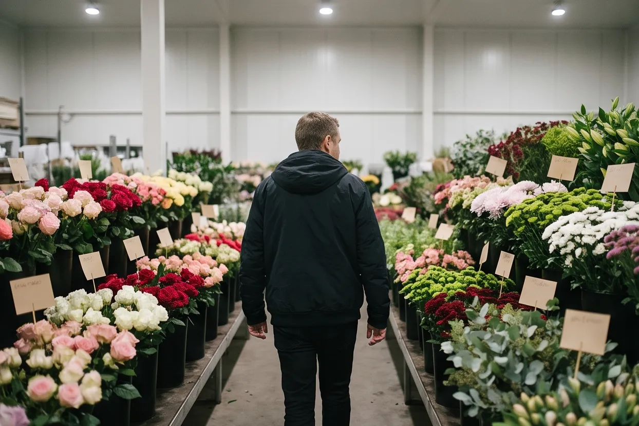 Buyer choosing flowers in a wholesaler’s sales hall