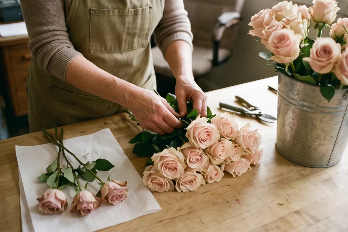 Florist sorting out wilted roses at the end of the day