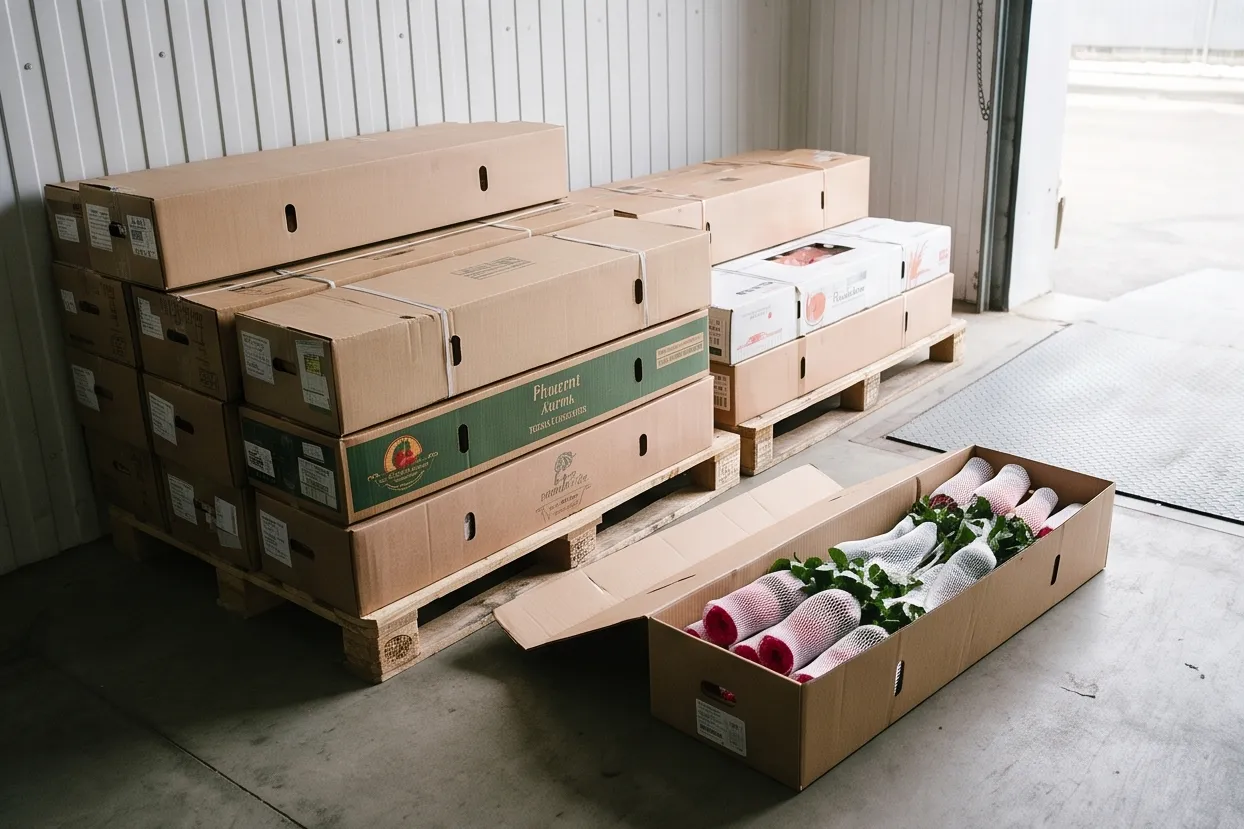 Imported boxes of roses on pallets