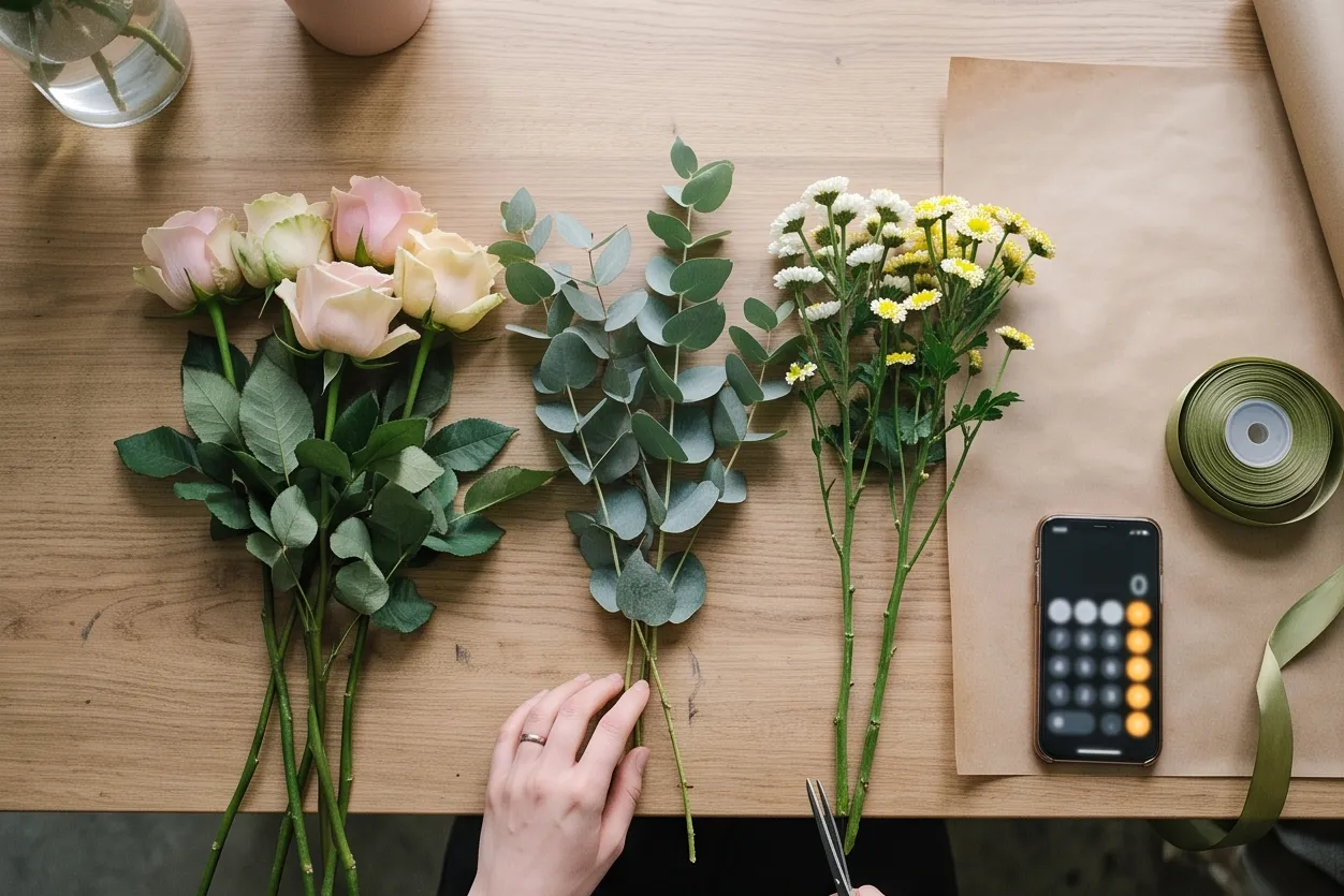 Stems for a bouquet laid out on a florist’s table