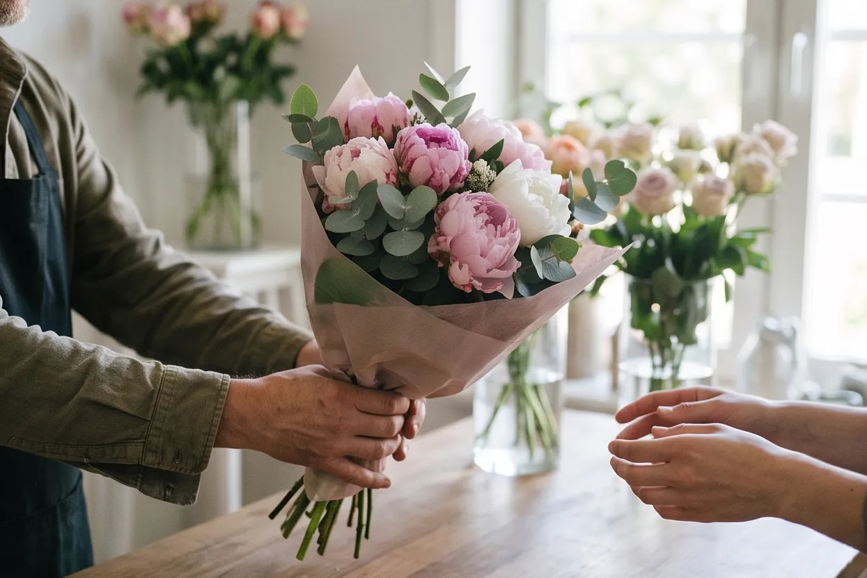 Florist handing a bouquet to a customer over the counter