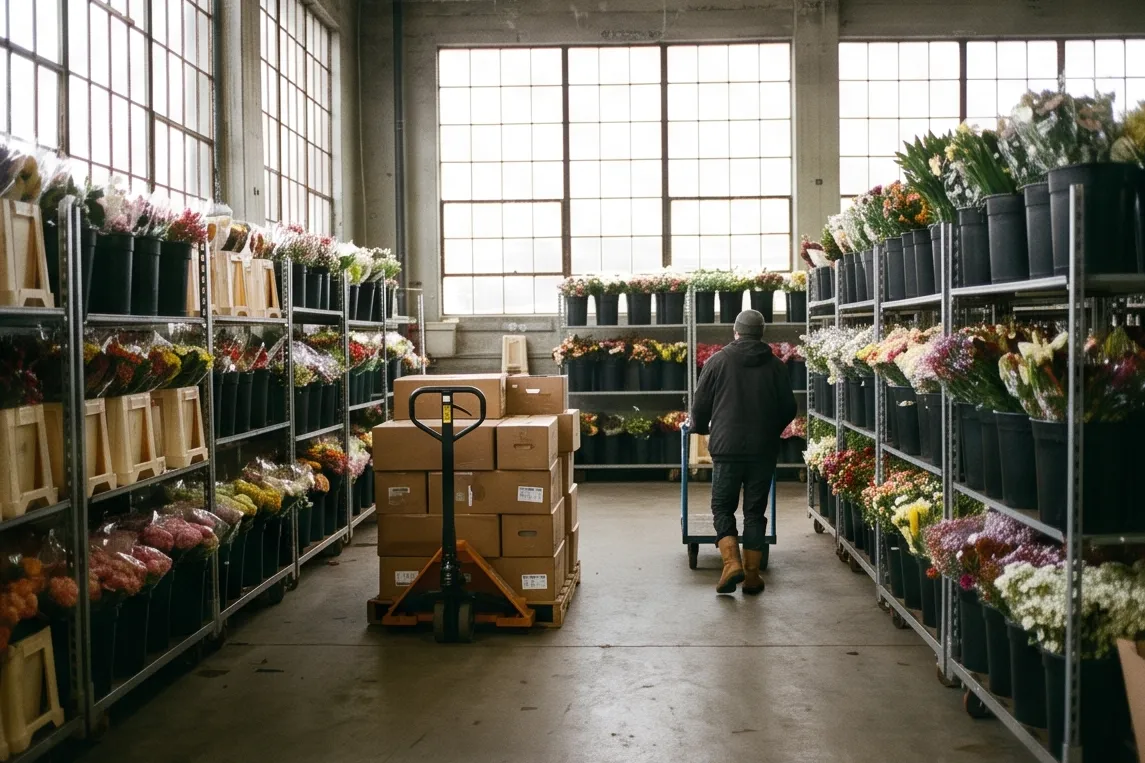 Flower wholesale warehouse: racks of buckets