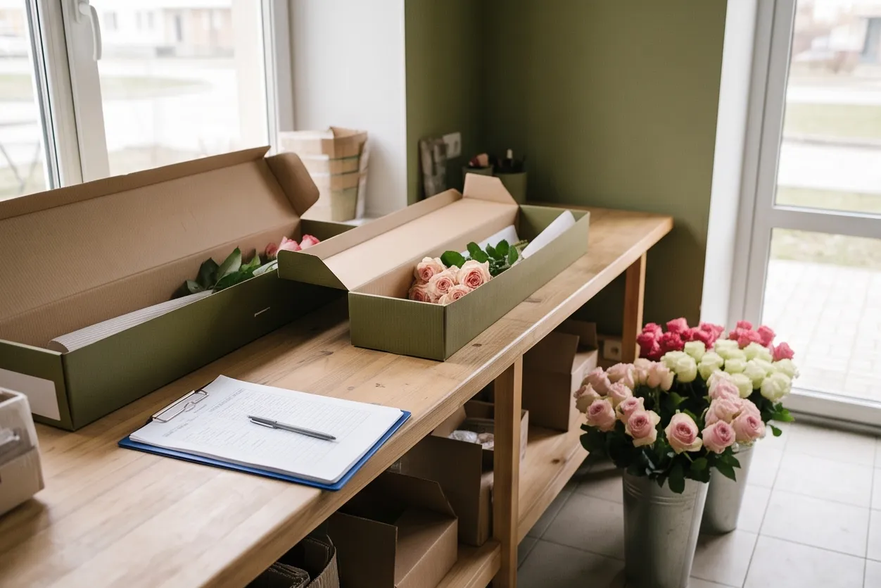 Back room of a flower shop: flower boxes and delivery notes on a workbench