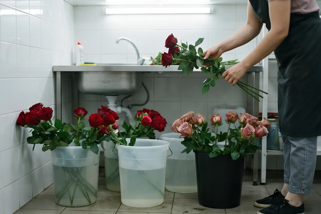 Trimming rose stems before putting them in water