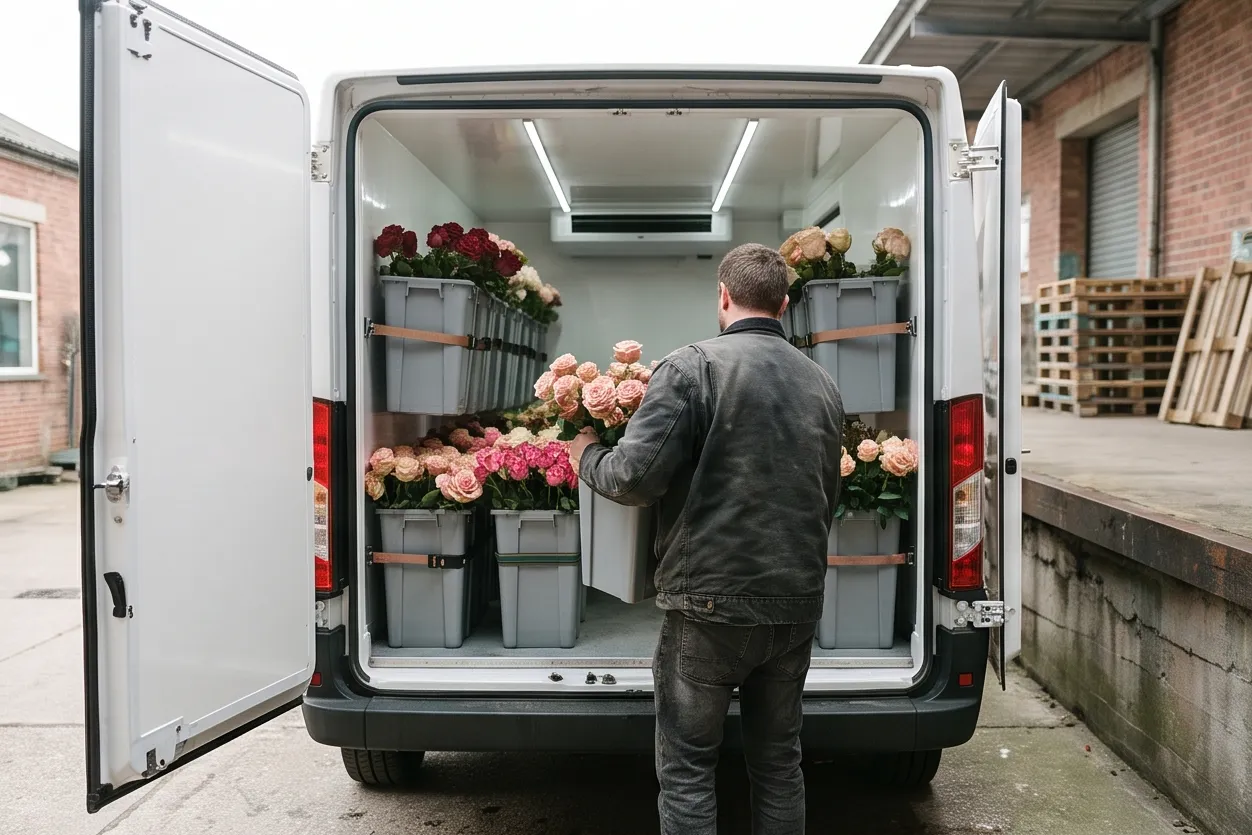 Refrigerated truck with buckets of flowers at a loading dock
