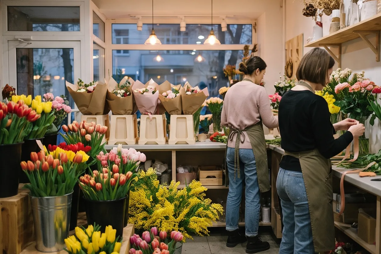 Flower shop before a holiday: buckets of tulips and ready-made bouquets