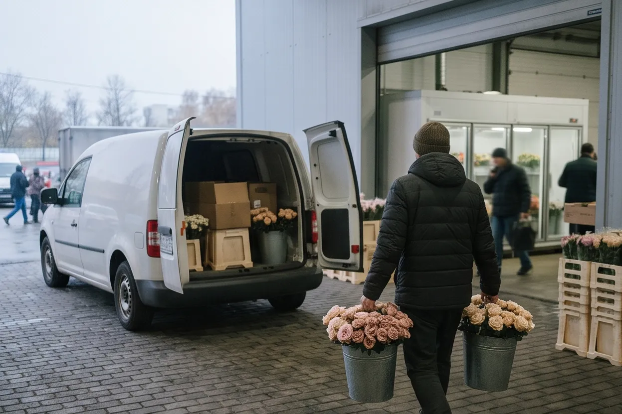 Buying at a flower wholesaler: a shop owner carrying buckets of roses