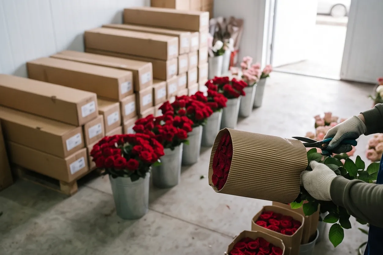 Wholesale warehouse in the morning: boxes and buckets of red roses
