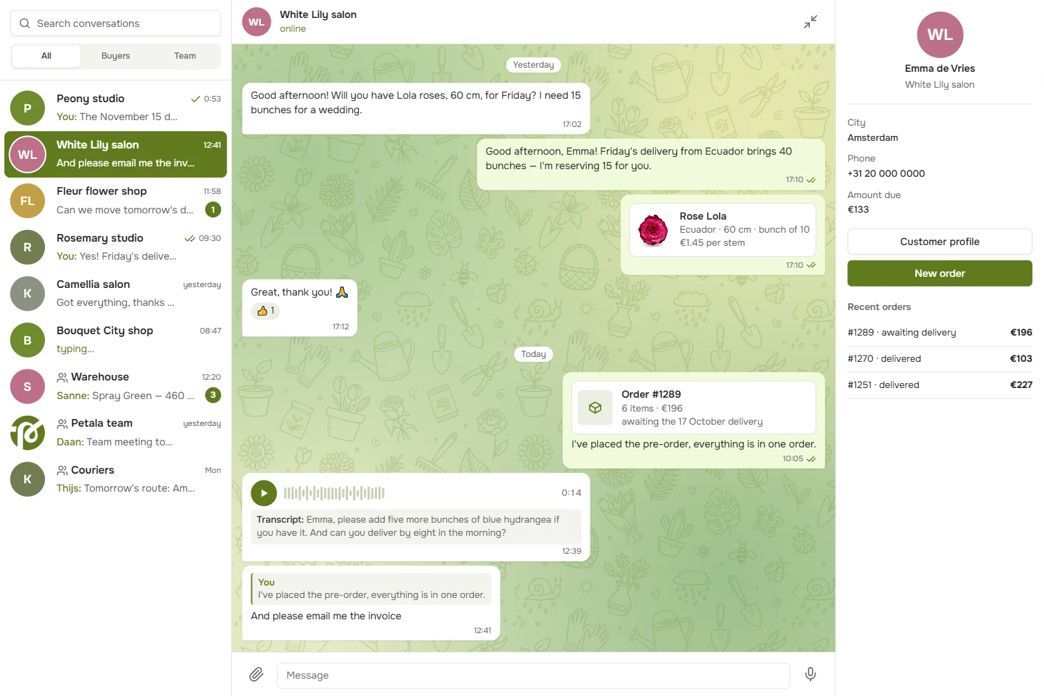 Chat: a conversation with a florist about a rose delivery, with a product card, an order card, a voice message and a reply; on the right, the customer card with the amount due and latest orders