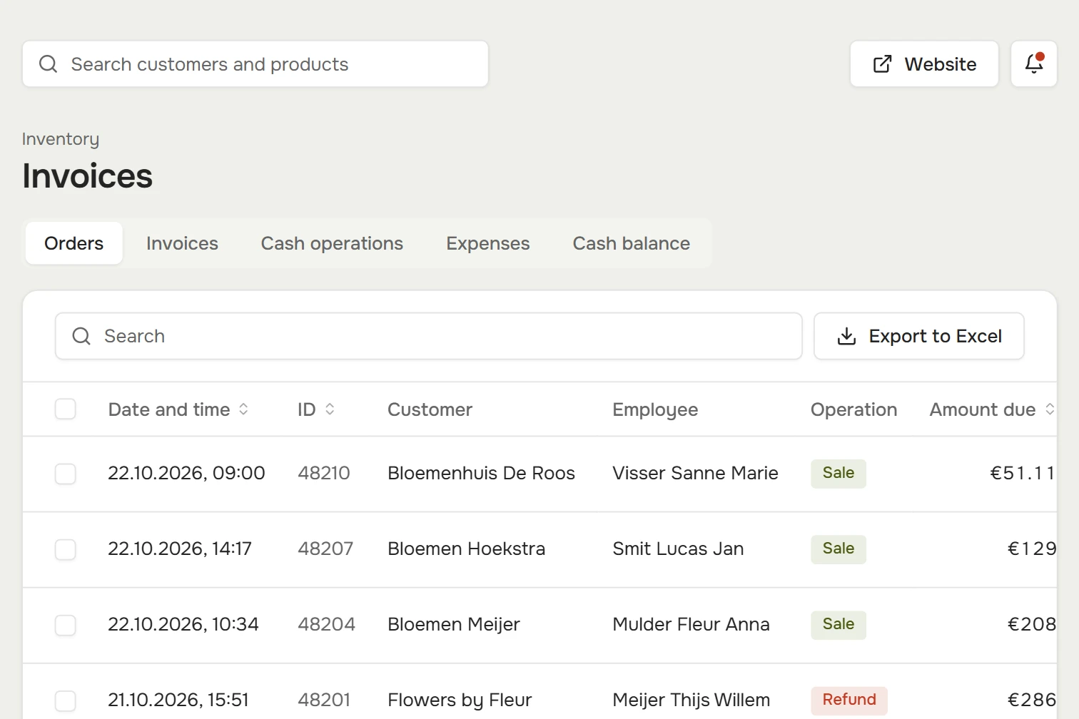 Invoices: orders with customer, employee, amount and payment method
