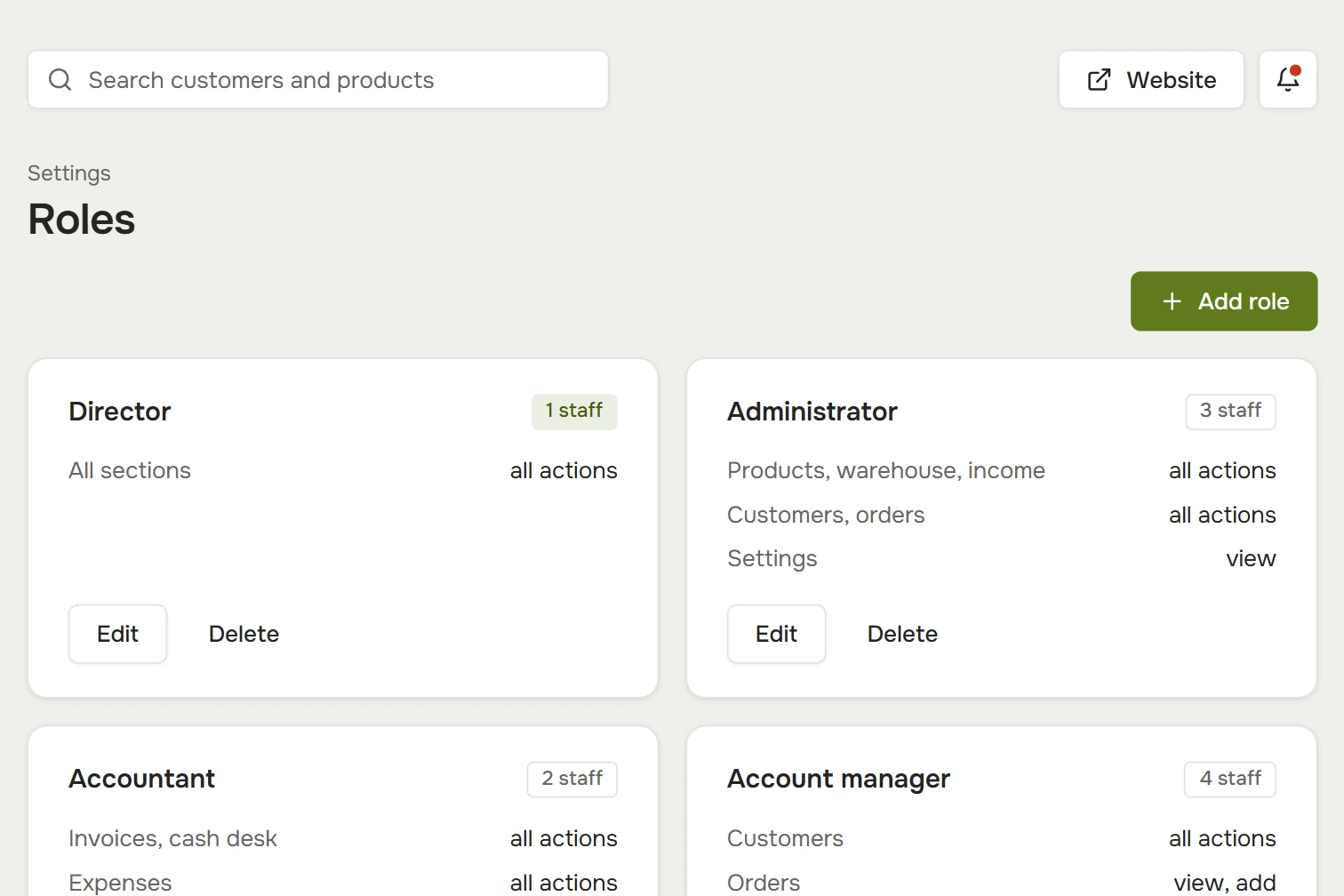 Roles: permissions for the director, administrator, accountant, manager and employee