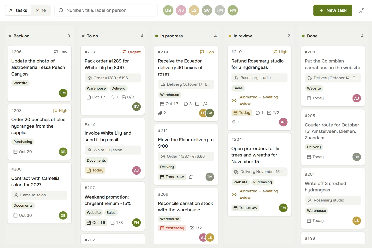Tasks: a board with Backlog, To do, In progress, In review and Done columns; each card shows its number, priority, order or shipment, due date and assignee