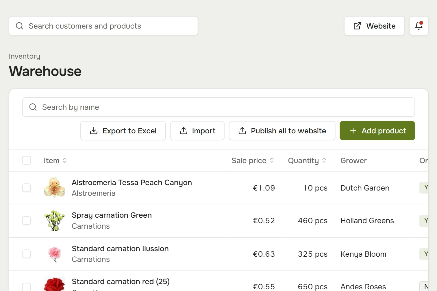 Warehouse: quantity, grower, an “on the website” mark and branch