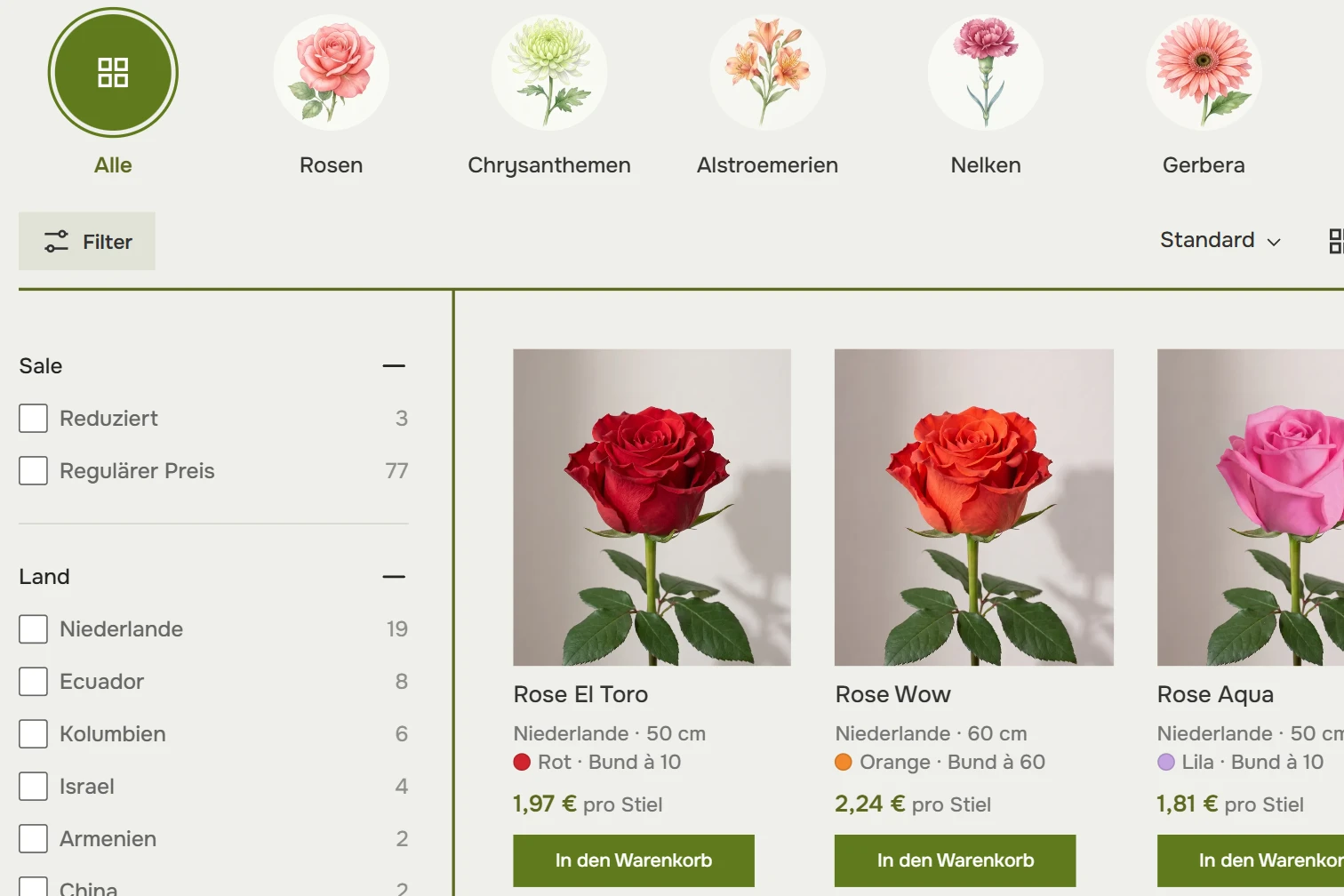 Schnittblumen-Katalog: Kategoriekreise, Filter und Rosenkarten mit Bundgröße und Preis pro Stiel