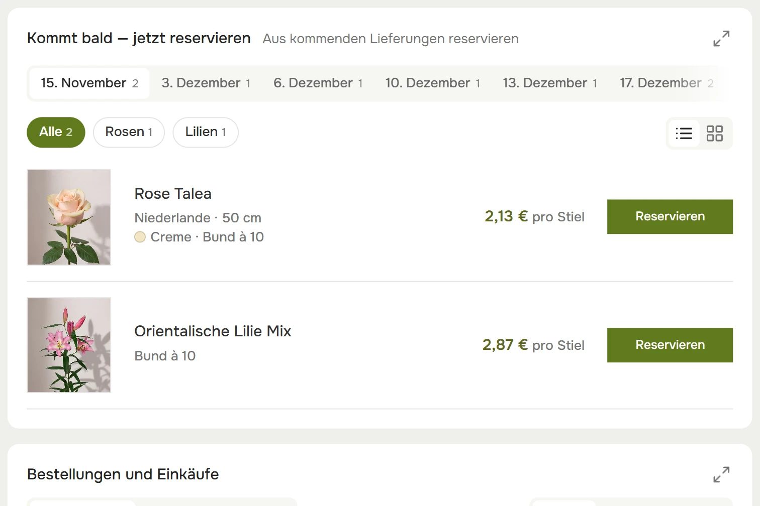 Demnächst im Kundenkonto: Liefertermine sowie Rosen und Lilien mit Reservieren-Button