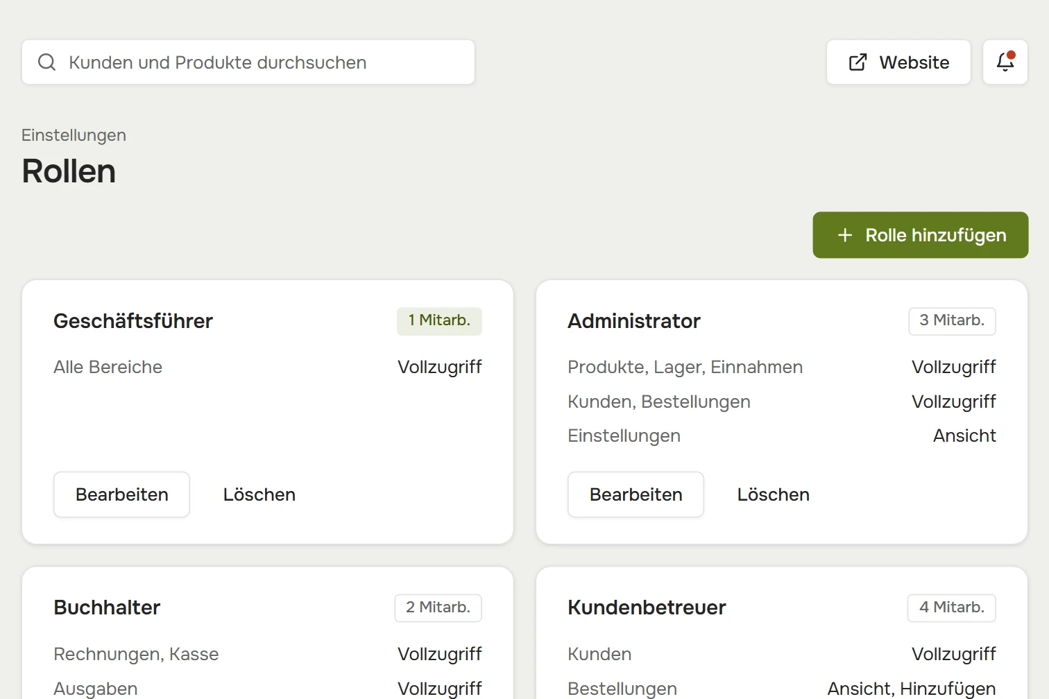 Rollen: Rechte für Geschäftsführer, Administrator, Buchhalter, Manager und Mitarbeiter