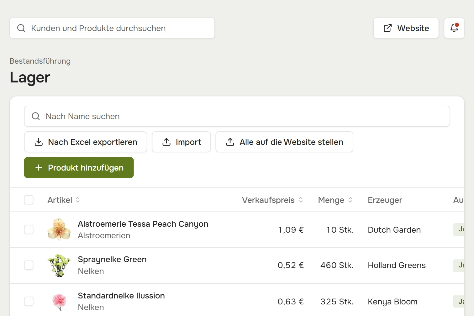 Lager: Menge, Erzeuger, Markierung „auf der Website“ und Filiale