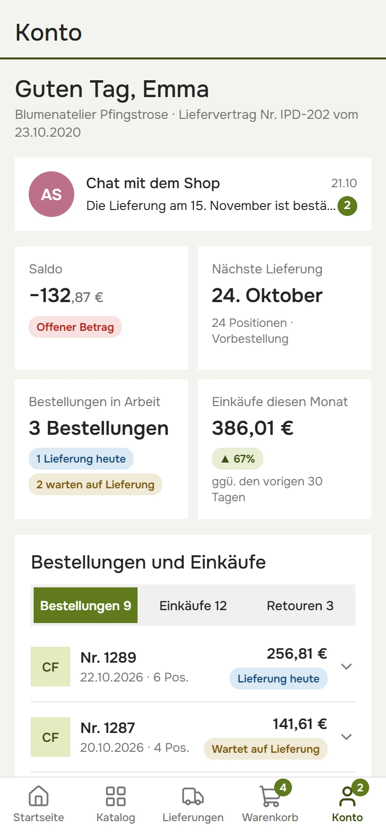 Kundenkonto auf dem Handy: Saldo mit offenem Betrag, nächste Lieferung, Bestellungen in Arbeit und Einkäufe diesen Monat