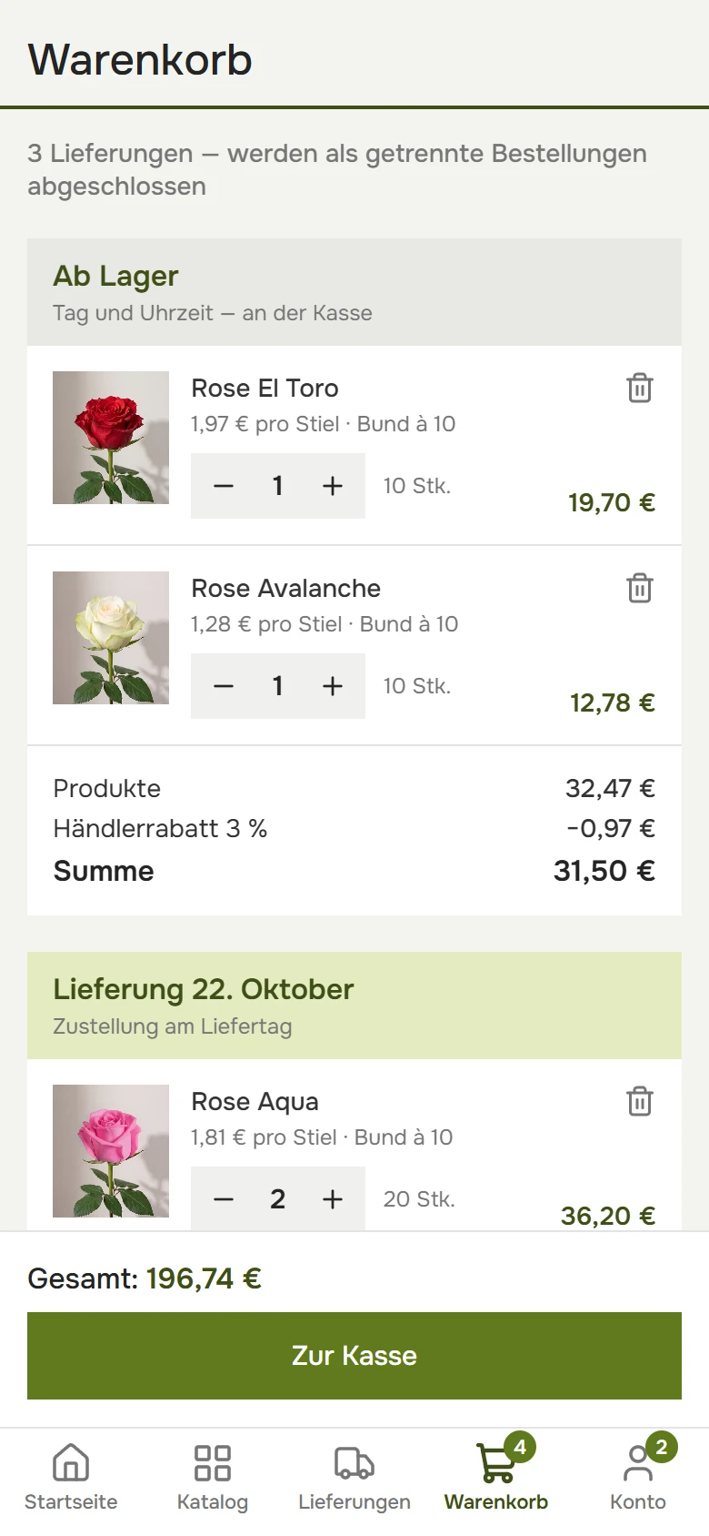 Warenkorb auf dem Handy: Lagerware und eine Vorbestellung, jeweils mit eigener Summe, und „Zur Kasse“