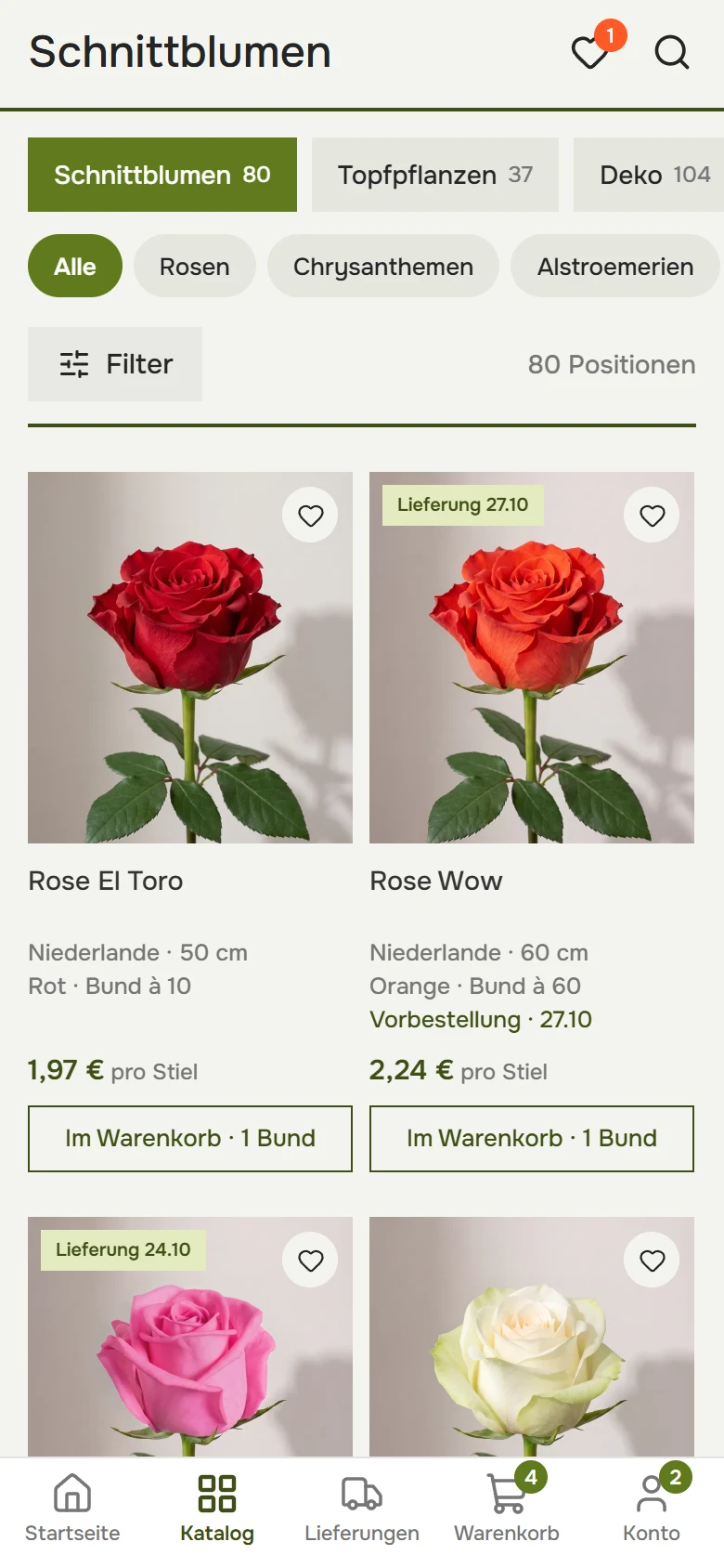 Katalog auf dem Handy: Kategoriekreise, Filter und Rosenkarten mit Preis pro Stiel, Bundgröße und „In den Warenkorb“