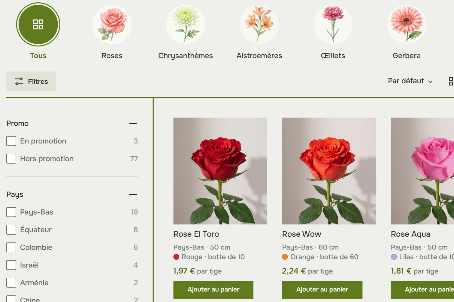 Catalogue de fleurs coupées : pastilles de catégories, filtres et fiches de roses avec taille de botte et prix à la tige