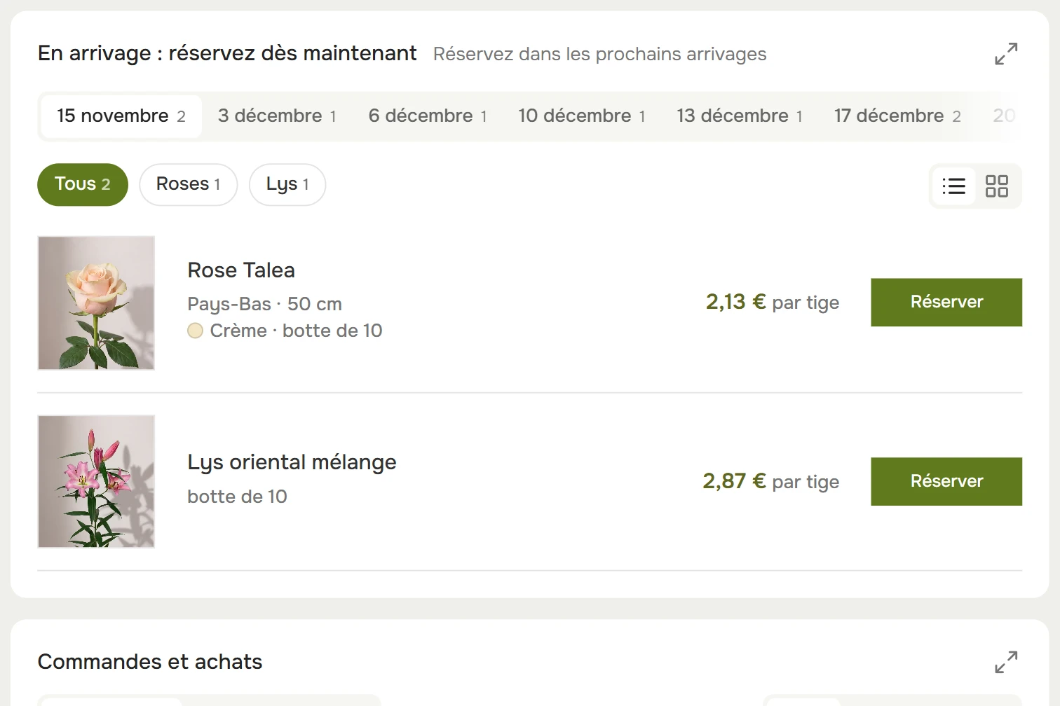 En arrivage dans l’espace client : dates d’arrivage, roses et lys avec un bouton Réserver