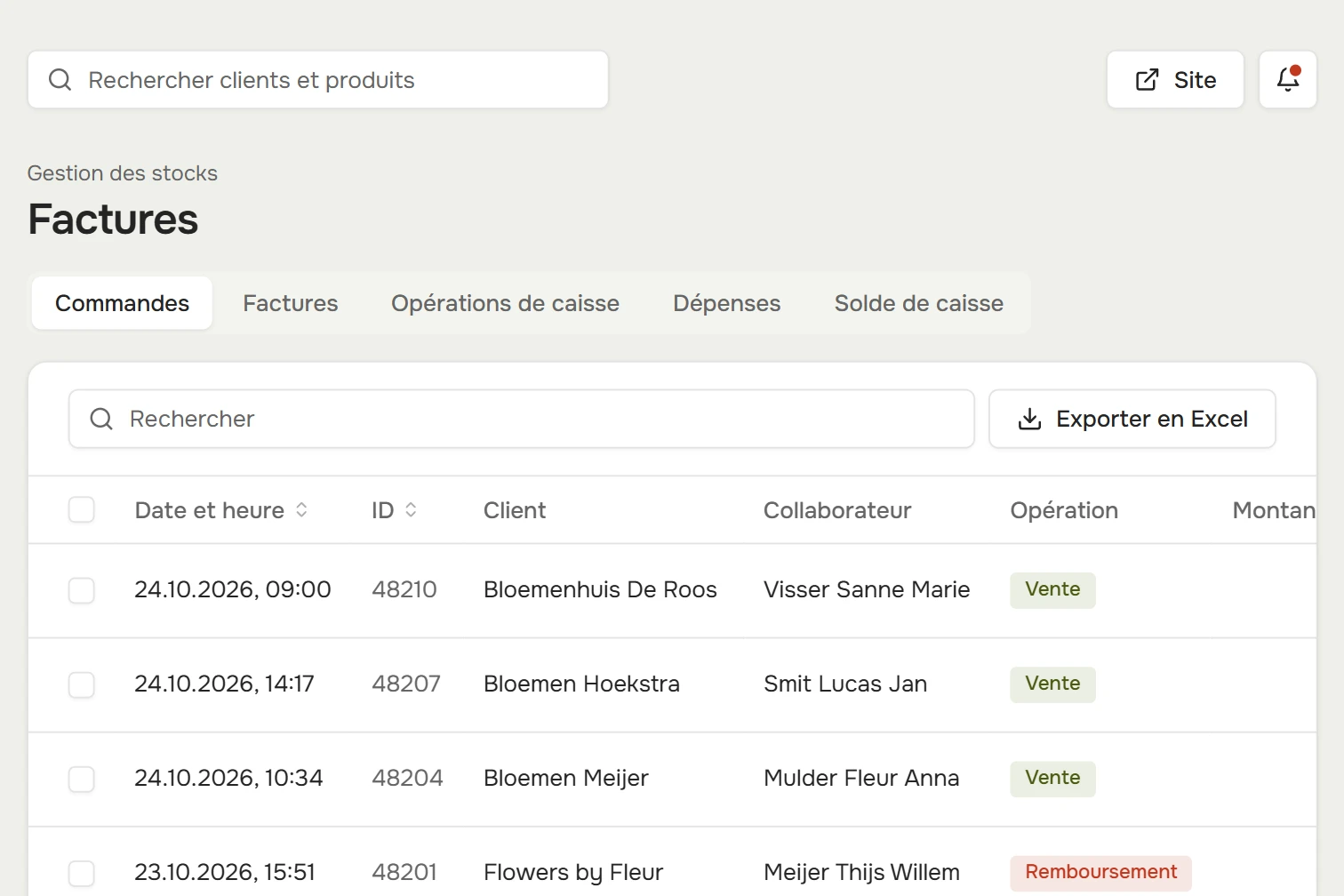 Factures : commandes avec client, collaborateur, montant et mode de paiement