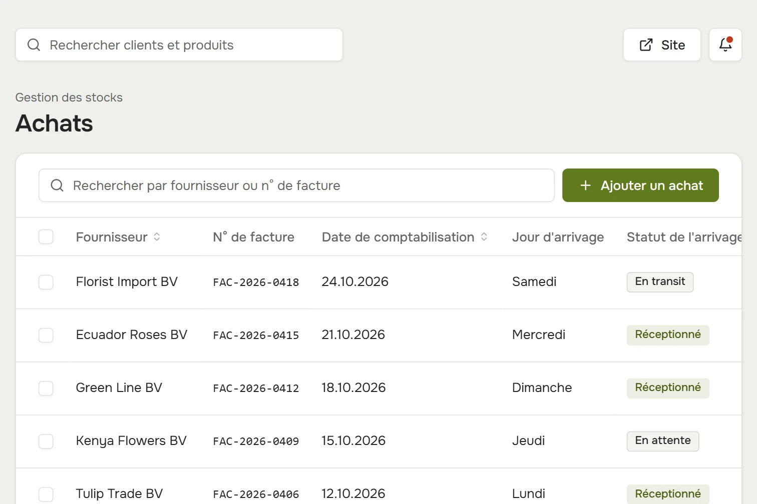 Achats : fournisseurs, factures, jour de livraison, statut et montant d’achat